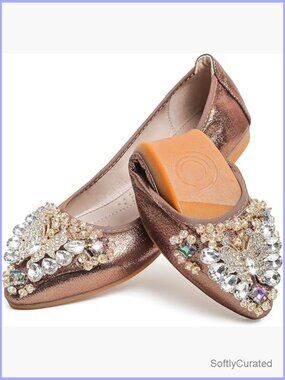 Rhinestone Bow Ballet Flats, Pointed Toe Slip-On Wedding Shoes for Women